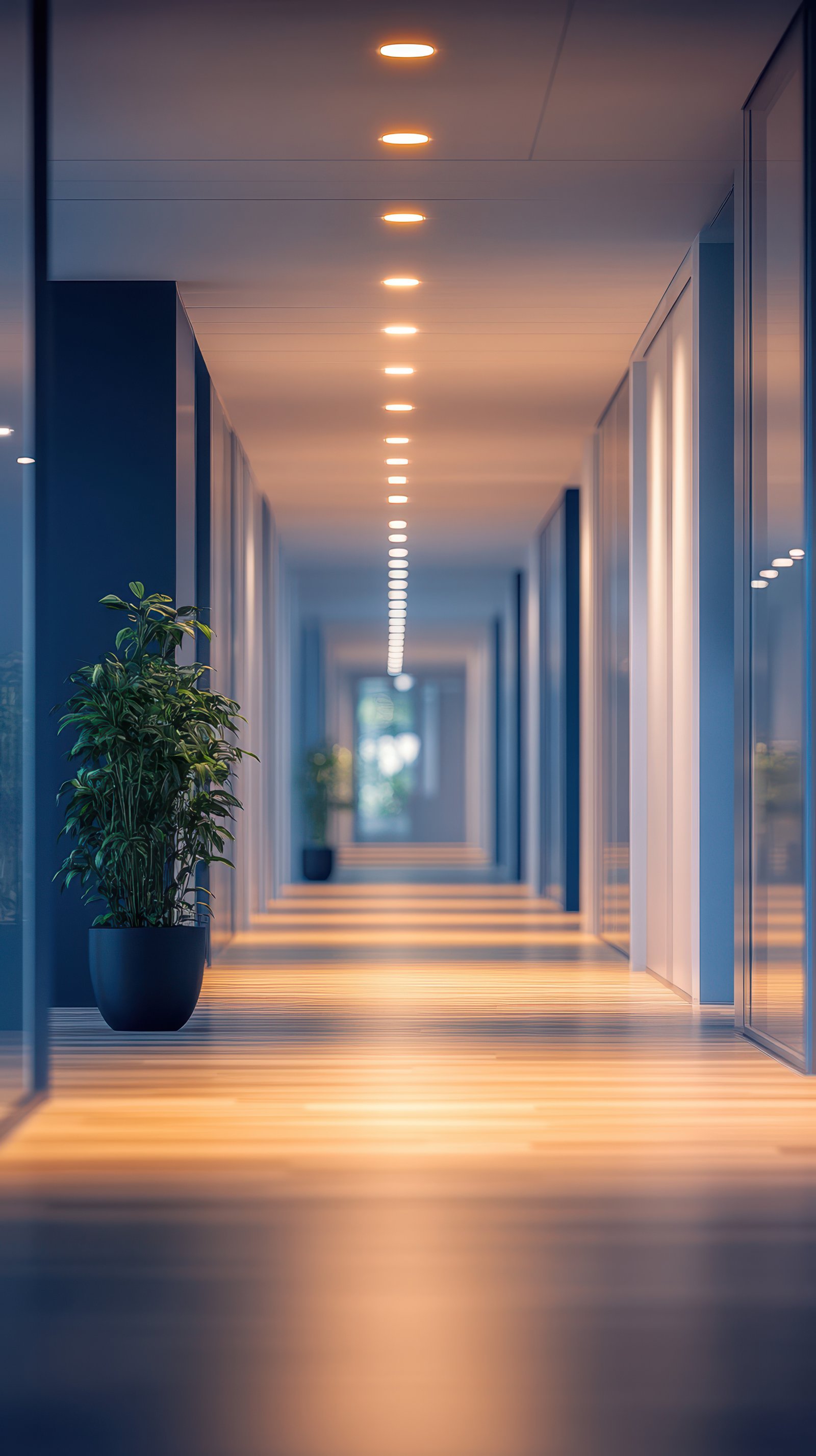 Modern corridor illuminated with warm lighting showcases a tranquil atmosphere in an office building during twilight hours